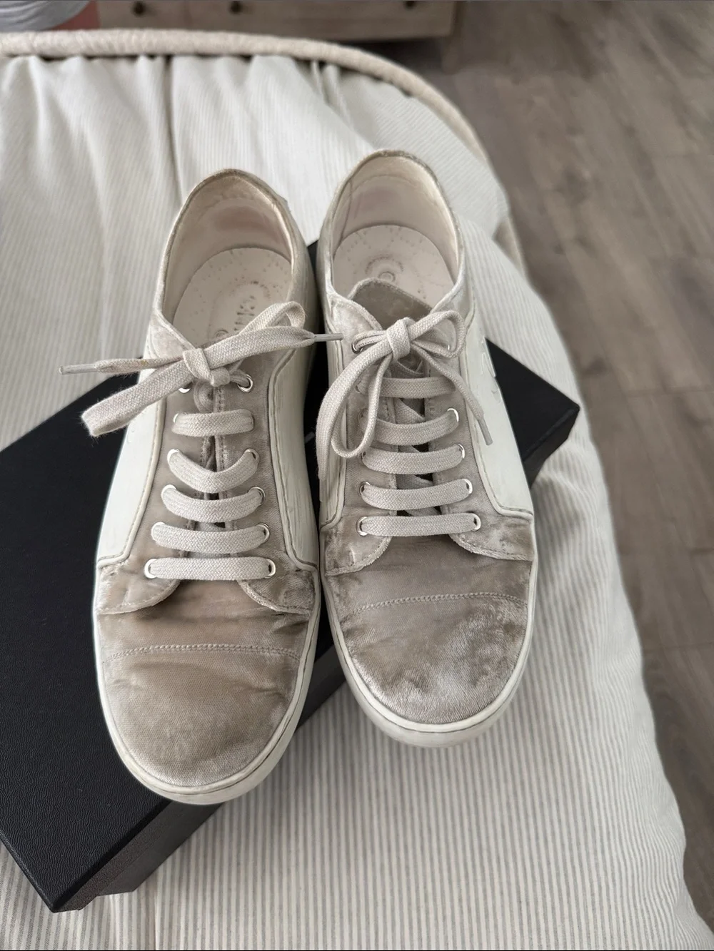 CHANEL Neutral Beige Velvet Low-Top Sneakers